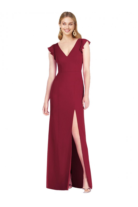 Borgonha Chiffon Sereia Amarrar para trás Decote V Longo Vestidos de Madrinha Acessíveis