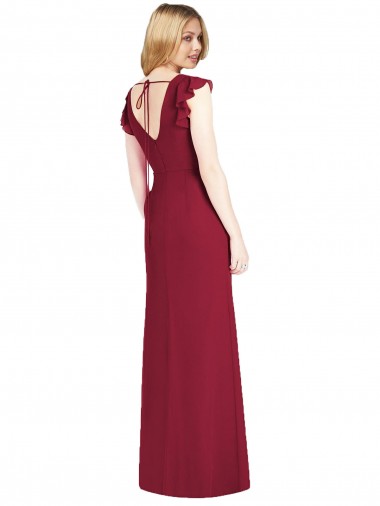 Borgonha Chiffon Sereia Amarrar para trás Decote V Longo Vestidos de Madrinha