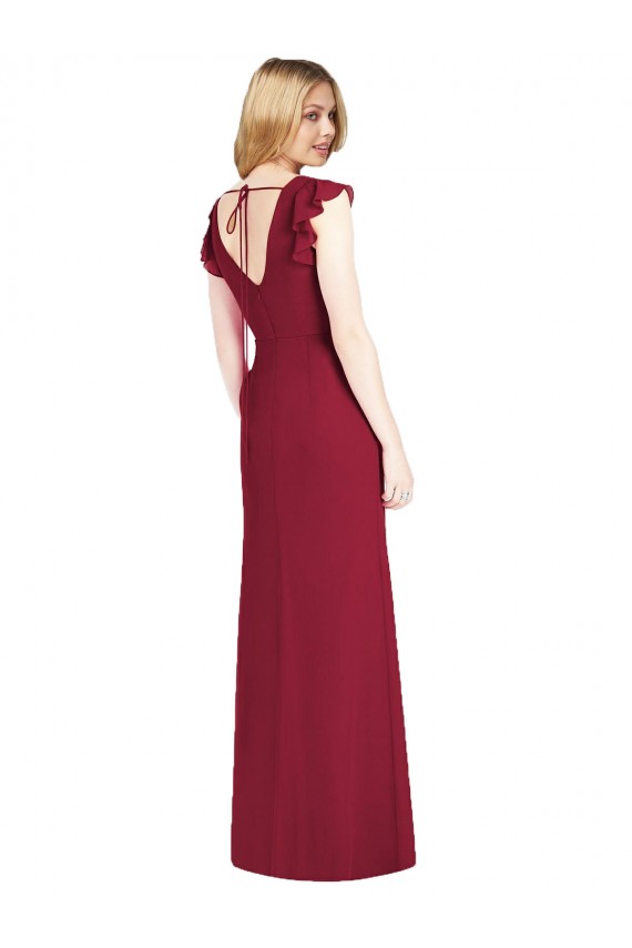 Borgonha Chiffon Sereia Amarrar para trás Decote V Longo Vestidos de Madrinha Acessíveis