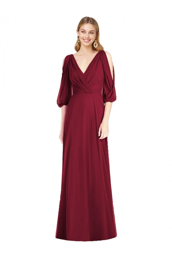 Borgonha Chiffon Trombeta Costas em V Decote V Longo Vestidos de Madrinha