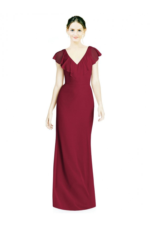 Borgonha Chiffon Trombeta Sem Mangas Decote V Longo Vestidos de Madrinha
