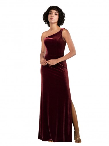 Borgonha Coluna Um Ombro Veludo Elástico Longo Formais Vestidos de Madrinha / Vestidos de Festa