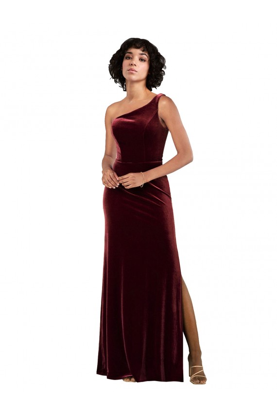 Borgonha Coluna Um Ombro Veludo Elástico Longo Formais Vestidos de Madrinha / Vestidos de Festa