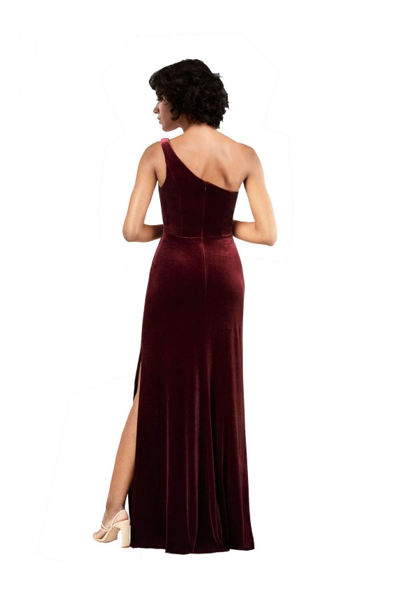 Borgonha Coluna Um Ombro Veludo Elástico Longo Formais Vestidos de Madrinha / Vestidos de Festa