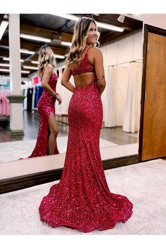 Borgonha Lantejoulas Veludo Sereia Sem Mangas Um Ombro Longo Lantejoulas Veludo Vestidos de Festa Acessíveis