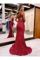 Borgonha Lantejoulas Veludo Sereia Sem Mangas Um Ombro Longo Lantejoulas Veludo Vestidos de Festa Acessíveis