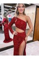 Borgonha Lantejoulas Veludo Sereia Um Ombro Longo Lantejoulas Veludo Vestidos de Festa Acessíveis