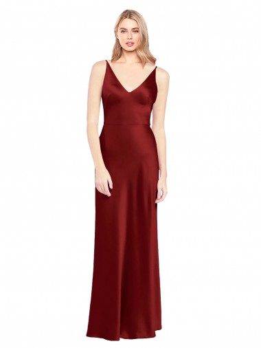 Borgonha Linha A Alças finas Cetim Elástico Longo Formais Vestidos de Madrinha / Vestidos de Festa