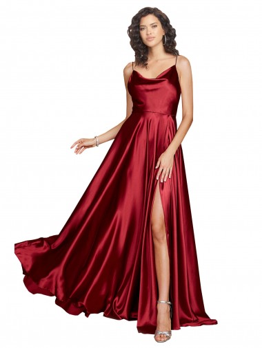 Borgonha Linha A Alças finas Cetim Sedoso Longo Formais Vestidos de Madrinha / Vestidos de Festa