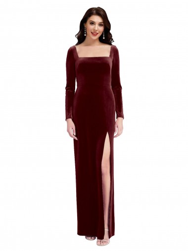 Borgonha Linha A Alças finas Veludo Elástico Longo Vestidos de Madrinha / Vestidos de Festa