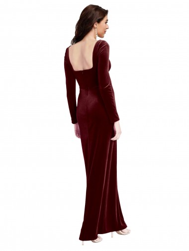 Borgonha Linha A Alças finas Veludo Elástico Longo Vestidos de Madrinha / Vestidos de Festa