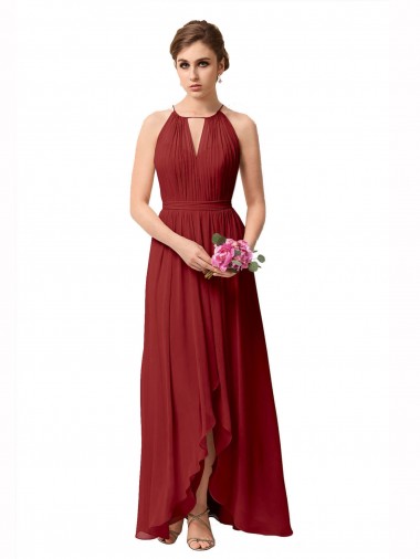 Borgonha Linha A Decote Alto Alto Baixo Chiffon Alto Baixo, Longo Alto Baixo Vestidos de Madrinha