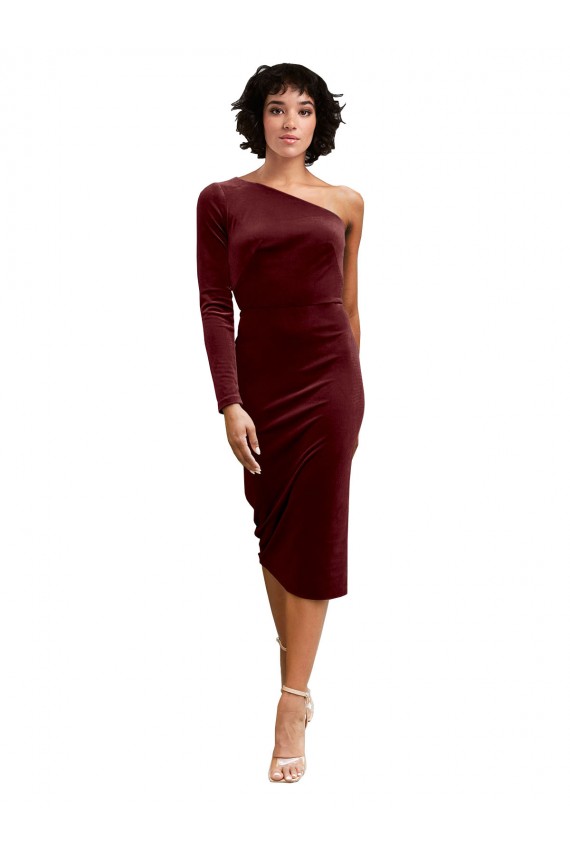 Borgonha Linha A Um Ombro Comprimento Midi Veludo Elástico Curto Vestidos de Madrinha / Vestidos de Festa