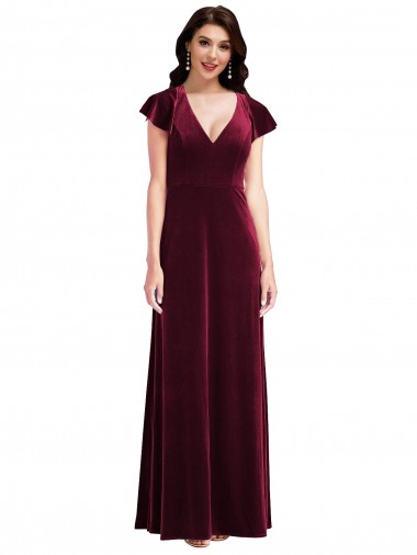 Borgonha Veludo Elástico Linha A Decote V Longo Vestidos de Madrinha / Vestidos de Festa