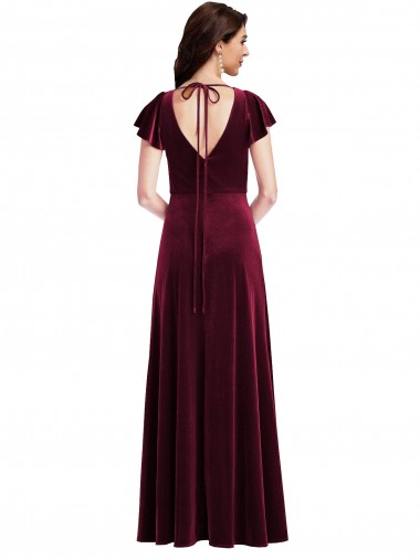 Borgonha Veludo Elástico Linha A Decote V Longo Vestidos de Madrinha / Vestidos de Festa