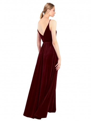 Borgonha Veludo Elástico Linha A Sem Mangas Decote V Longo Formais Vestidos de Madrinha / Vestidos de Noite / Vestidos de Festa