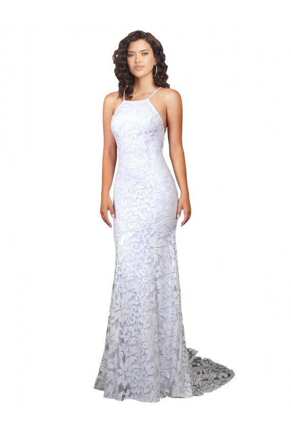 Branco Bainha Decote Alto Comboio Varredela Renda Longo Vestidos de Noiva