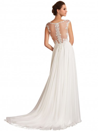Branco Bainha Decote V Comboio Capela Chiffon & Renda Longo Vestidos de Noiva