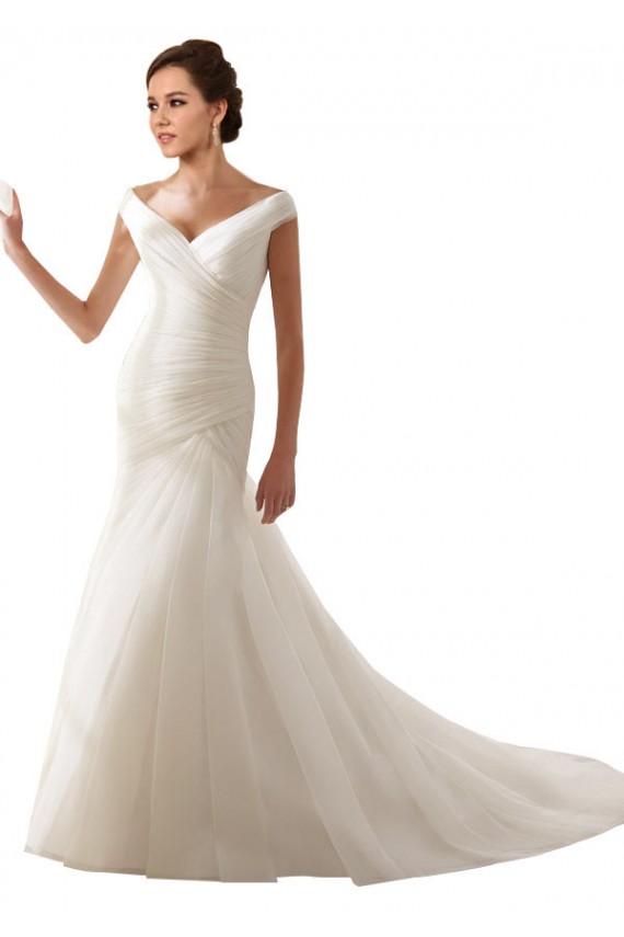 Branco Bainha Fora do Ombro Comboio Capela Tule Longo Vestidos de Noiva Acessíveis