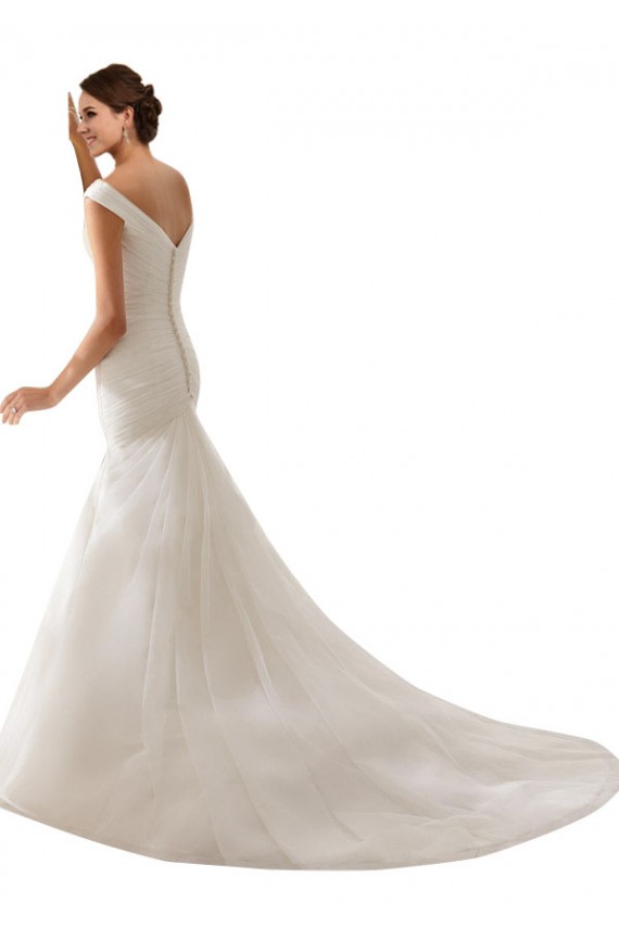 Branco Bainha Fora do Ombro Comboio Capela Tule Longo Vestidos de Noiva Acessíveis