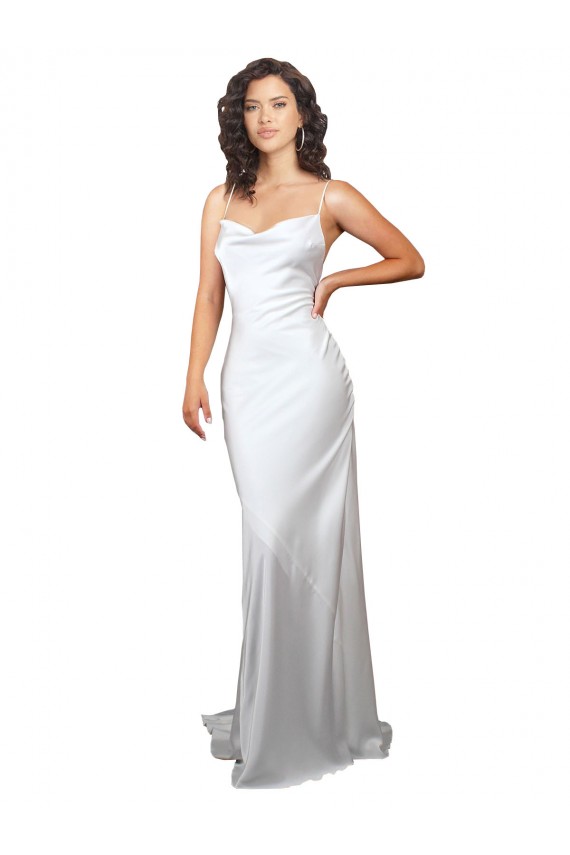 Branco Cetim Sedoso Bainha Criss Cruz Decote Capuz Longo Vestidos de Noiva