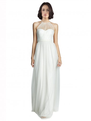 Branco Linha A Cabeçada Tule Longo Vestidos de Madrinha