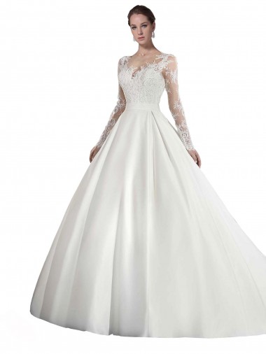 Branco Linha A Decote Ilusão Comboio Catedral Cetim & Renda Longo Vestidos de Noiva