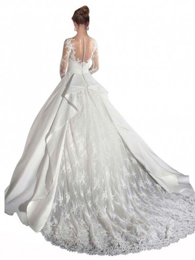 Branco Linha A Decote Ilusão Comboio Catedral Cetim & Renda Longo Vestidos de Noiva