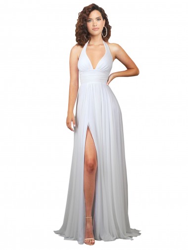 Branco Linha A Decote V Comboio Varredela Chiffon Longo Vestidos de Madrinha