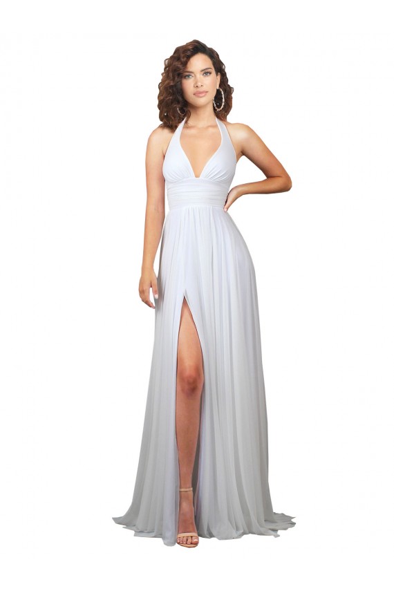 Branco Linha A Decote V Comboio Varredela Chiffon Longo Vestidos de Madrinha Acessíveis