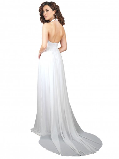 Branco Linha A Decote V Comboio Varredela Chiffon Longo Vestidos de Madrinha