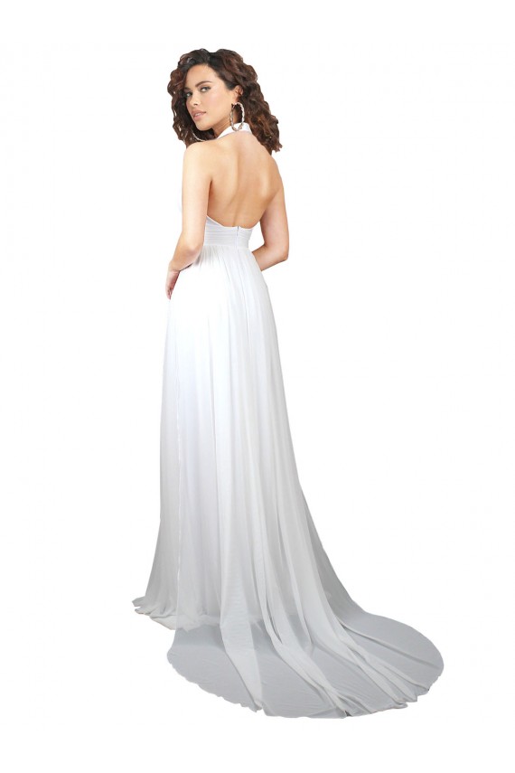 Branco Linha A Decote V Comboio Varredela Chiffon Longo Vestidos de Madrinha Acessíveis