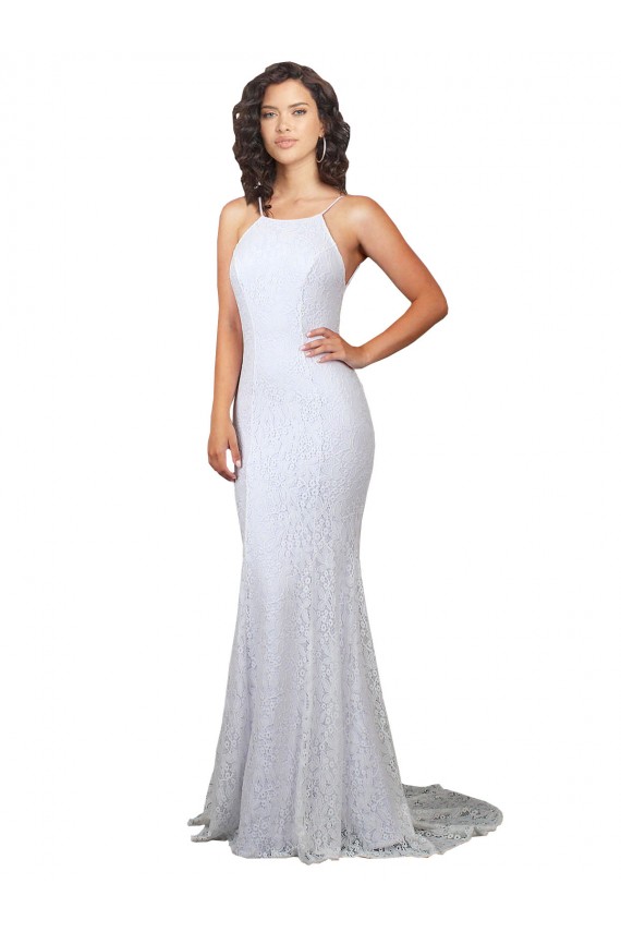 Branco Sereia Decote Alto Comboio Varredela Renda Longo Vestidos de Noiva
