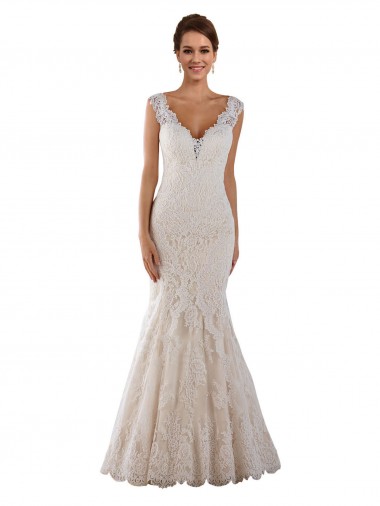 Branco Sereia Decote V Comboio Capela Renda Longo Vestidos de Noiva