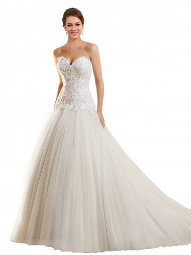 Branco Vestido de Baile Amor Comboio Capela Tule & Renda Longo Vestidos de Noiva