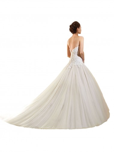 Branco Vestido de Baile Amor Comboio Capela Tule & Renda Longo Vestidos de Noiva