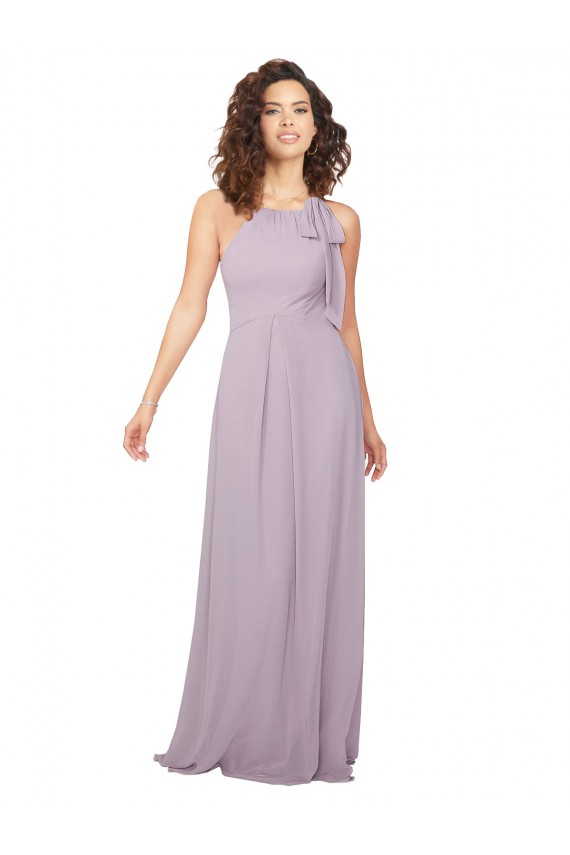 Brilho Rosa Chiffon Linha A Buraco da fechadura Cabeçada Longo Vestidos de Madrinha Acessíveis