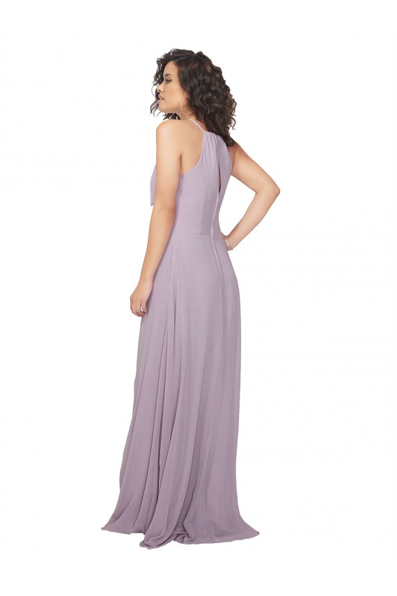 Brilho Rosa Chiffon Linha A Buraco da fechadura Cabeçada Longo Vestidos de Madrinha Acessíveis