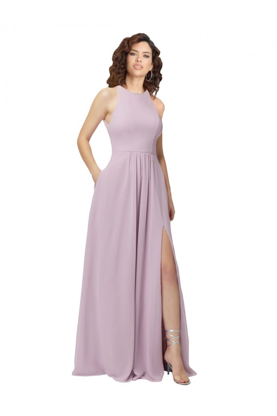 Brilho Rosa Chiffon Linha A Buraco da fechadura Decote Alto Longo Vestidos de Madrinha