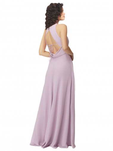Brilho Rosa Chiffon Linha A Buraco da fechadura Decote Alto Longo Vestidos de Madrinha