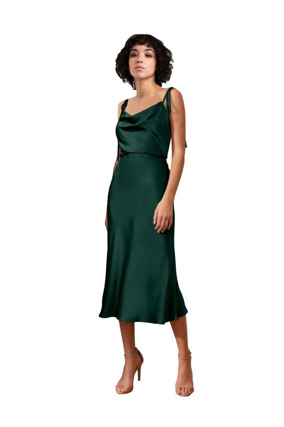 Caçador Verde Bainha Decote Capuz Comprimento Midi Cetim Elástico Curto Formais Vestidos de Madrinha / Vestidos de Festa