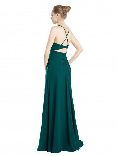 Caçador Verde Chiffon Linha A Buraco da fechadura Decote V Longo Vestidos de Madrinha