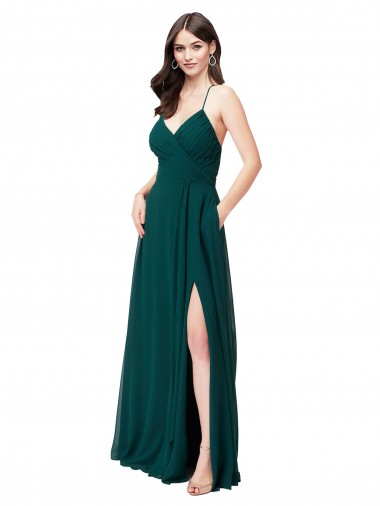 Caçador Verde Chiffon Linha A Criss Cruz Decote V Longo Vestidos de Madrinha