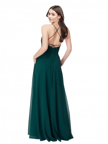 Caçador Verde Chiffon Linha A Criss Cruz Decote V Longo Vestidos de Madrinha