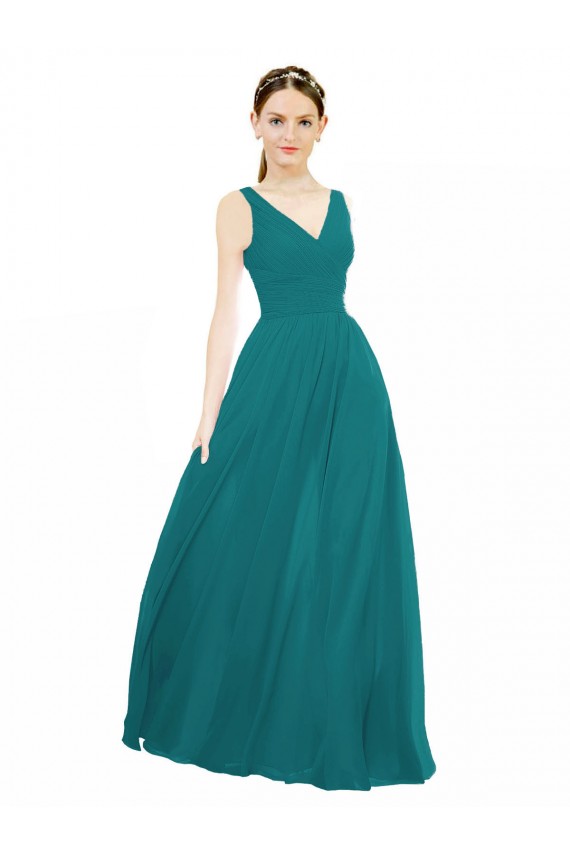Caçador Verde Chiffon Linha A Decote V Longo Vestidos de Madrinha Acessíveis