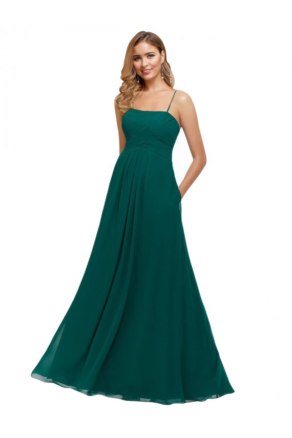 Caçador Verde Linha A Alças finas Chiffon Longo Vestidos de Madrinha Acessíveis