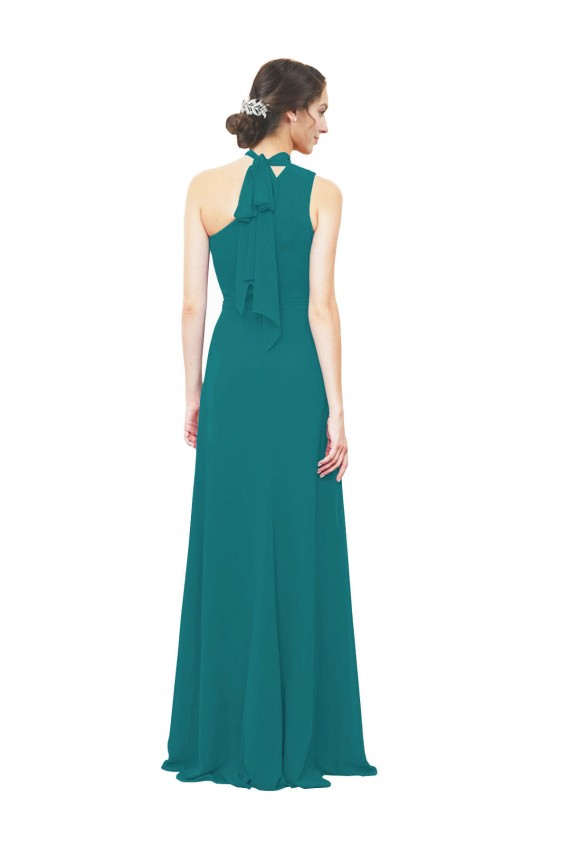 Caçador Verde Linha A Um Ombro Chiffon Longo Vestidos de Madrinha Acessíveis