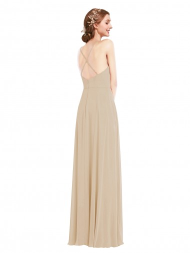 Champanhe Chiffon Linha A Criss Cruz Decote V Longo Vestidos de Madrinha