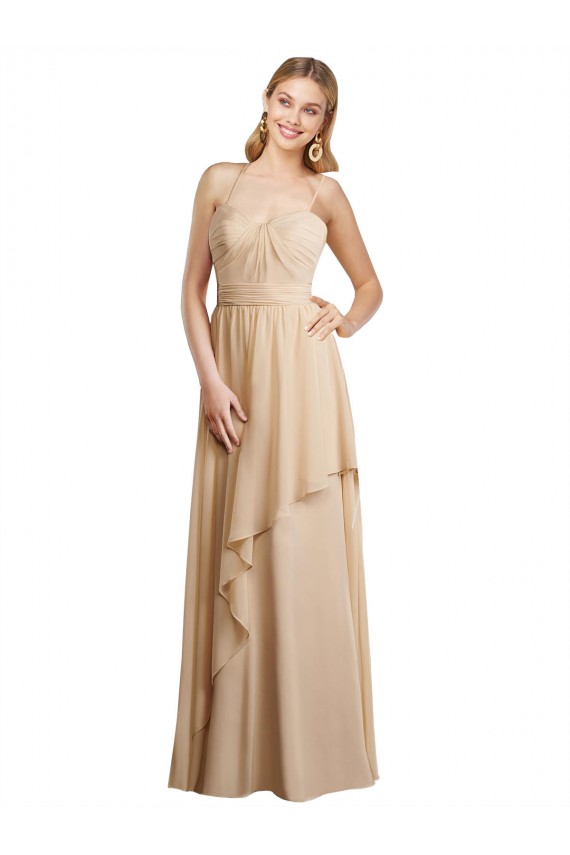 Champanhe Linha A Alças finas Chiffon Longo Vestidos de Madrinha