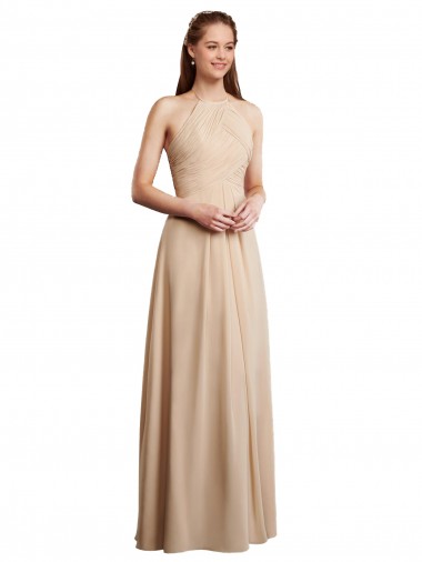 Champanhe Linha A Cabeçada Chiffon Longo Vestidos de Madrinha